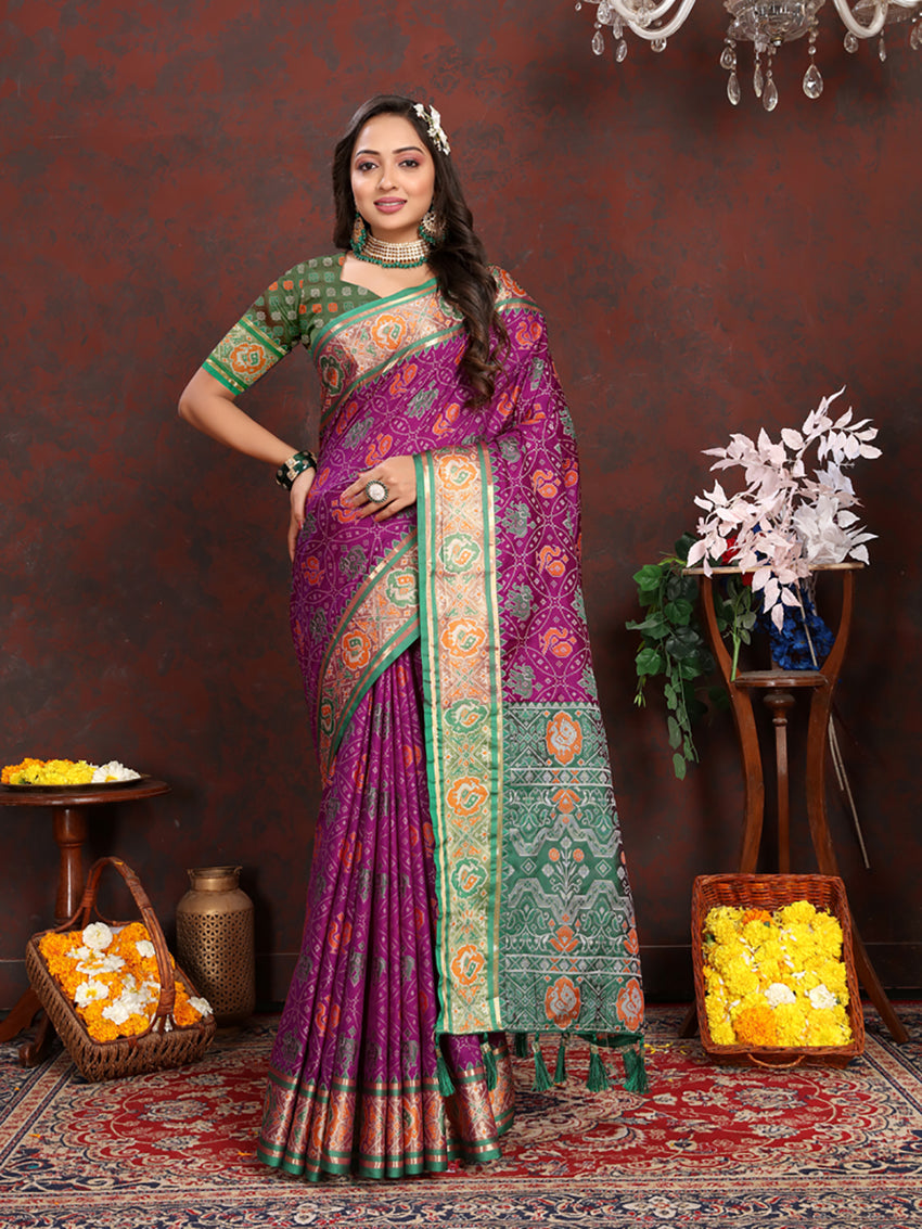 Lorenvalley Fashion Purple Patola Silk Woven Design with Zari Meenakari Weaving motifs Pallu Saree