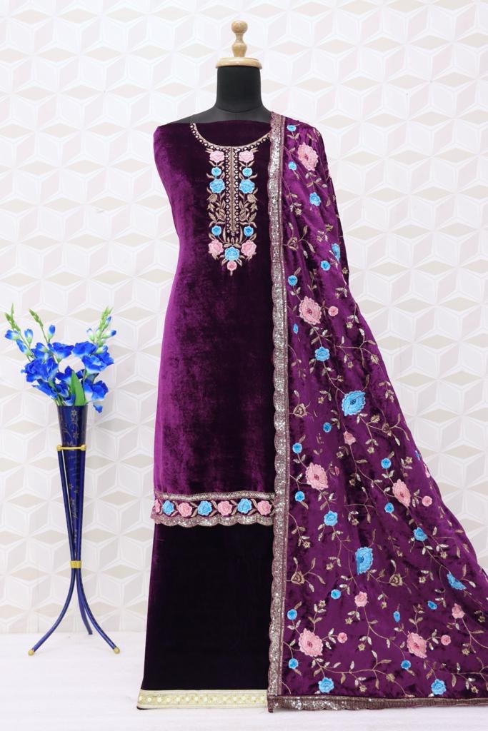 Lorenvalley Fashion Women Purple Velvet Embroidered Salwar Suit Material
