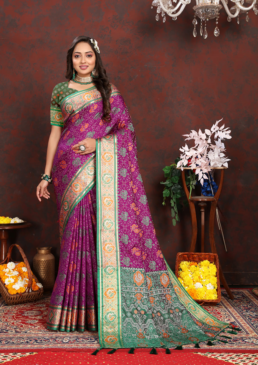 Lorenvalley Fashion Purple Patola Silk Woven Design with Zari Meenakari Weaving motifs Pallu Saree