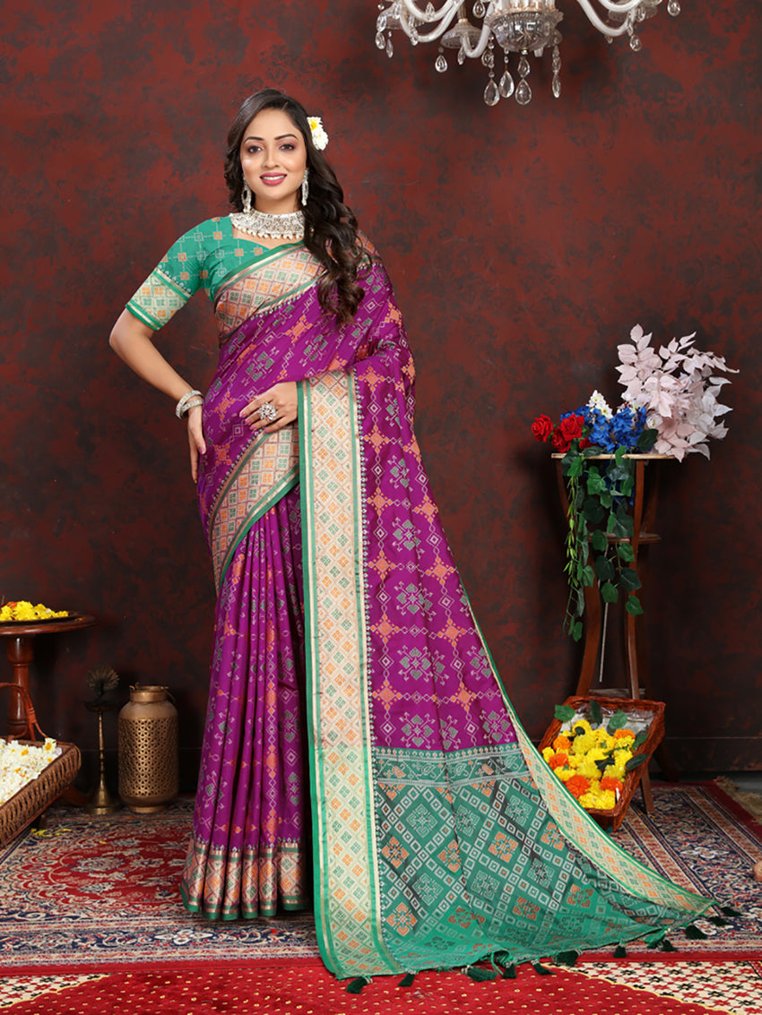 Lorenvalley Fashion Purple Patola Silk Woven Design with Zari Meenakari Weaving motifs Pallu Saree