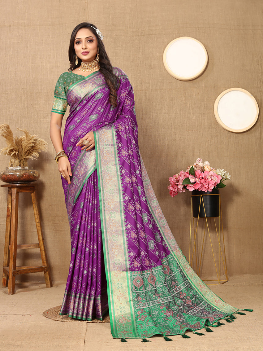 Lorenvalley Fashion Purple Patola Silk Woven Design with Zari Meenakari Weaving motifs Pallu Saree