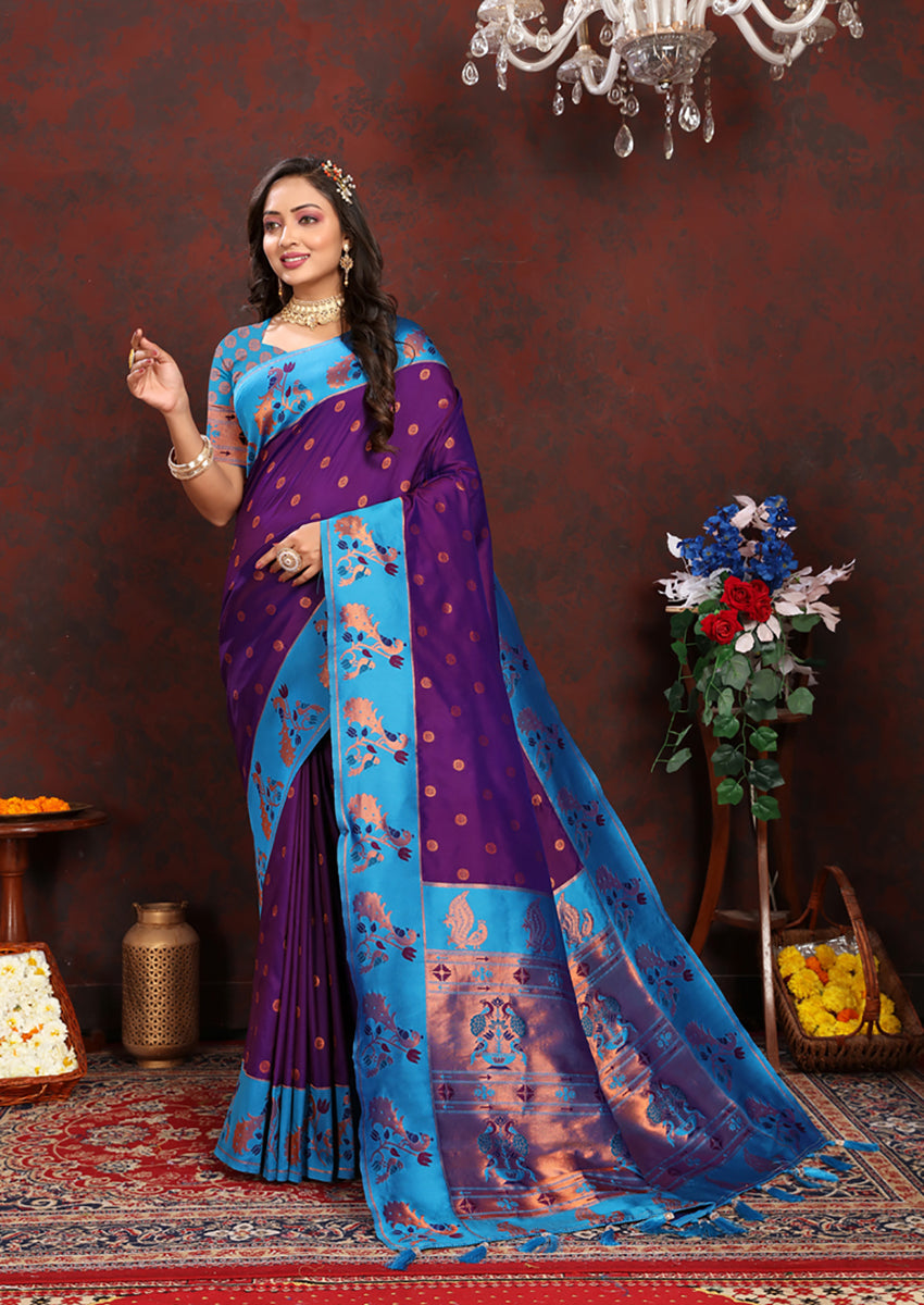 Lorenvalley Fashion Purple Soft Paithani Silk Woven Design Rich Zari Meenakari Weaving Saree
