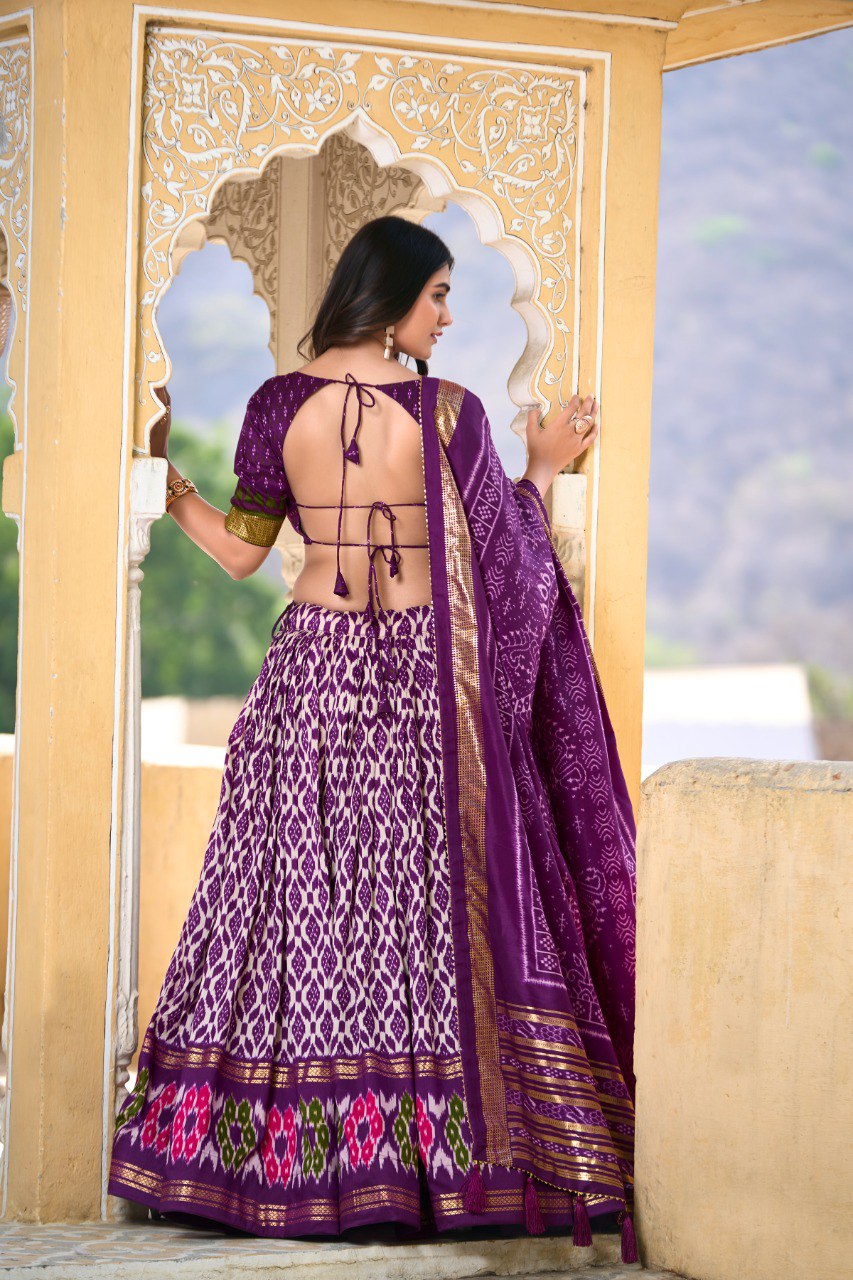 Lorenvalley Purple Tussar Silk Ikkat Print With Foil Work Lehenga Choli with Dupatta