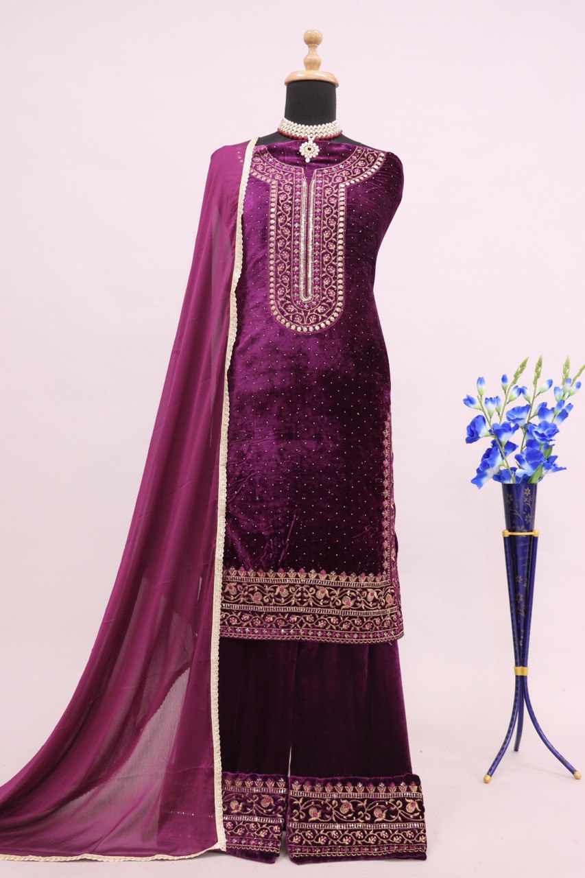 Lorenvalley Fashion Women Purple Velvet Embroidered Salwar Suit Material