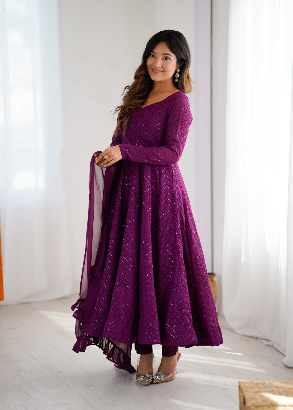 Lorenvalley Purple Faux Georgette Lukhnowi Sequence Work Anarkali Kurta Pant With Dupatta Set