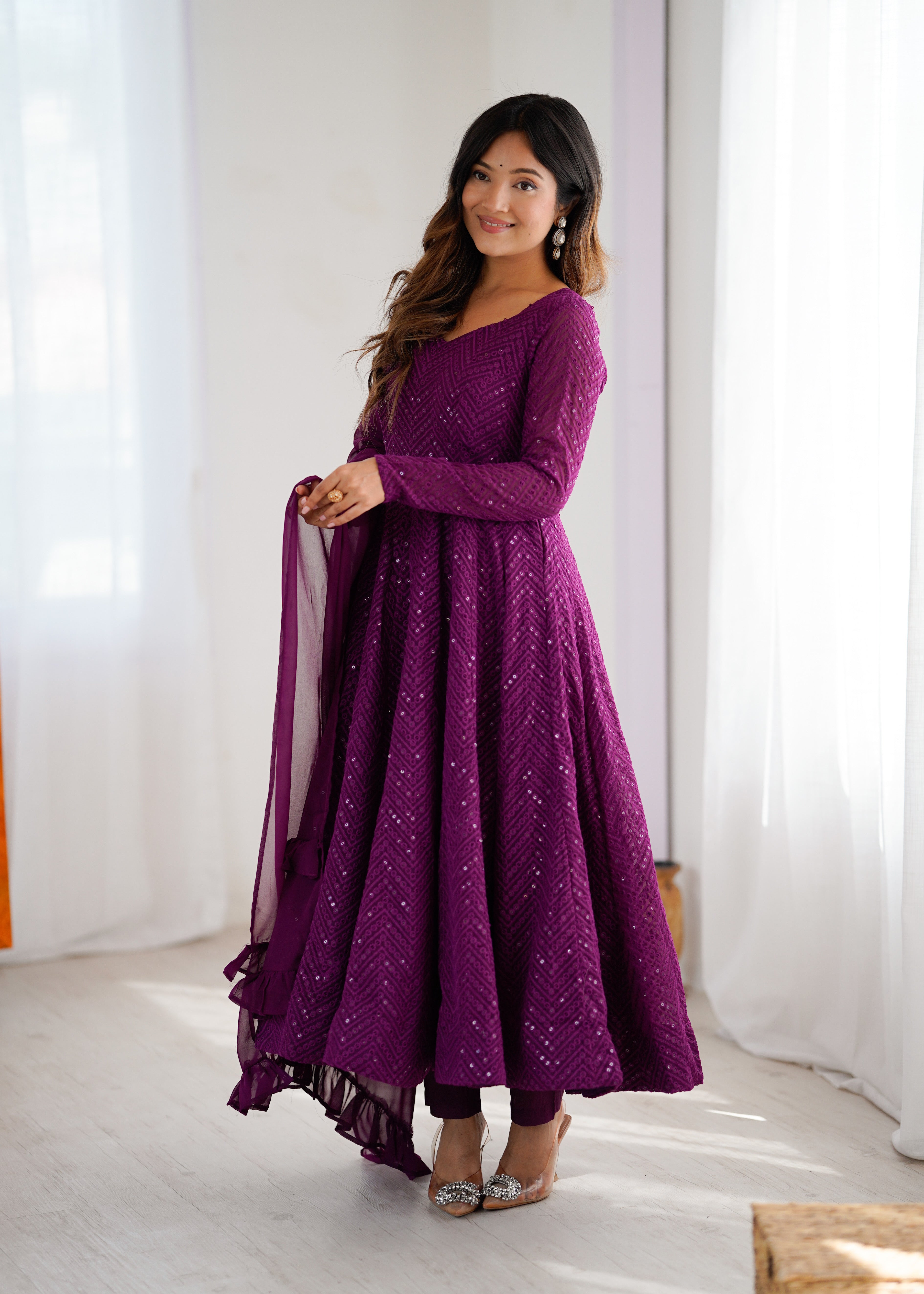 Lorenvalley Purple Faux Georgette Lukhnowi Sequence Work Anarkali Kurta Pant With Dupatta Set