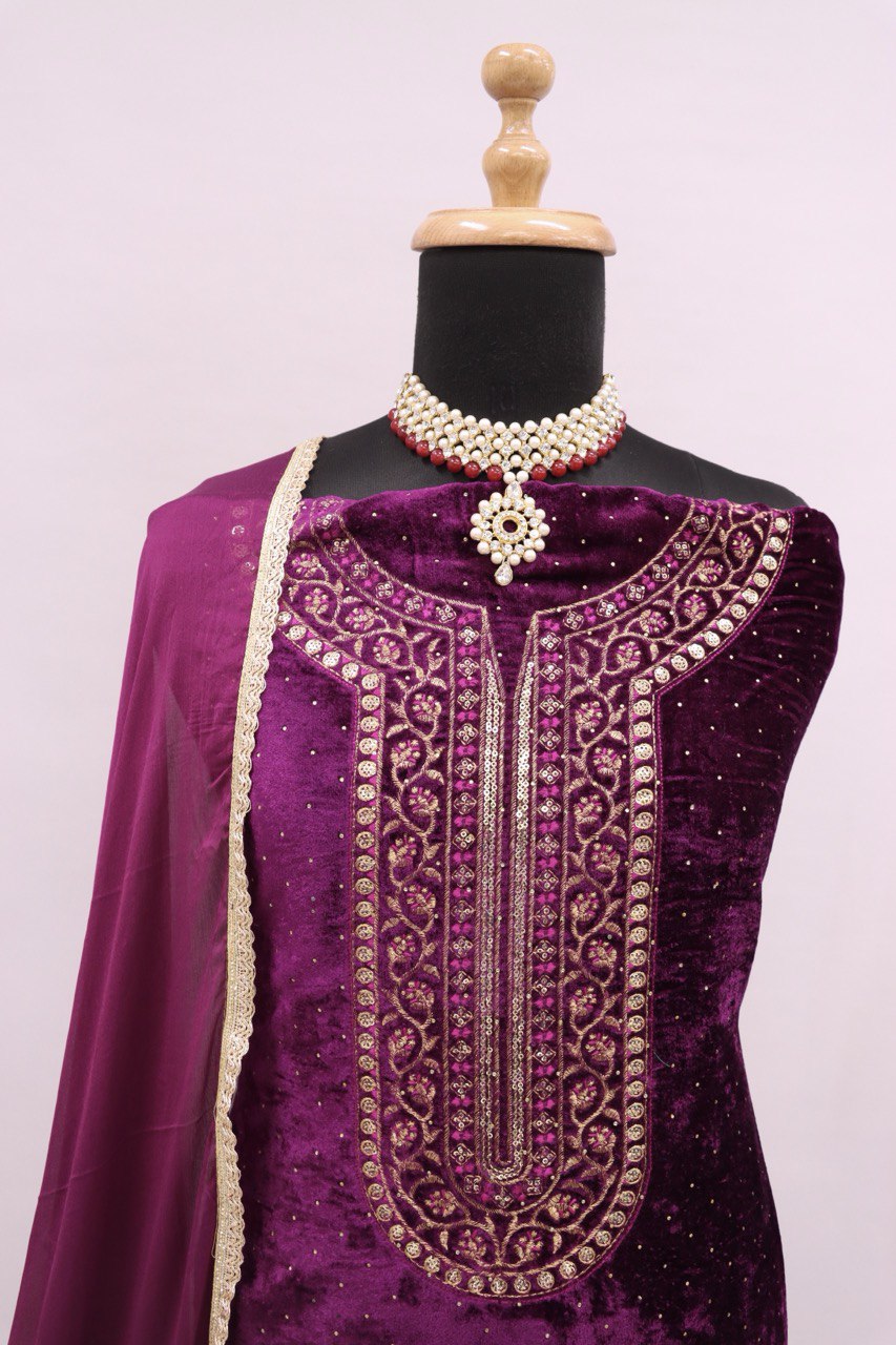 Lorenvalley Fashion Women Purple Velvet Embroidered Salwar Suit Material