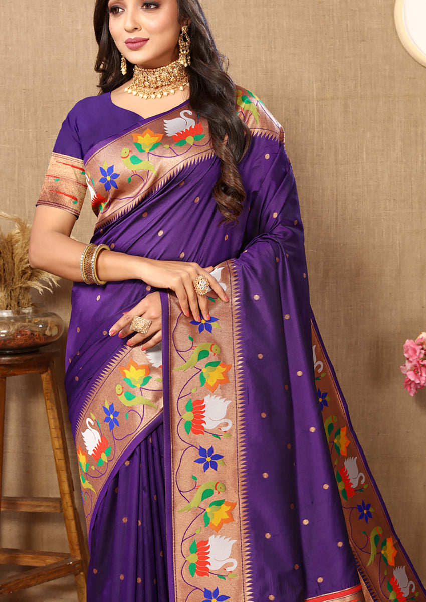 Lorenvalley Fashion Purple Soft Paithani Silk Woven Design Rich Zari Meenakari Weaving Saree