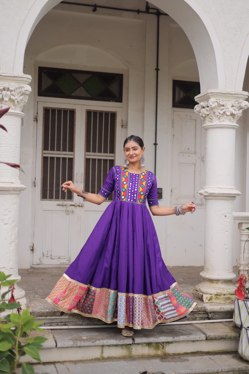 Lorenvalley Fashion Purple Roman Silk with Thread with mirror work & Maslin Crochet Print Work Gown