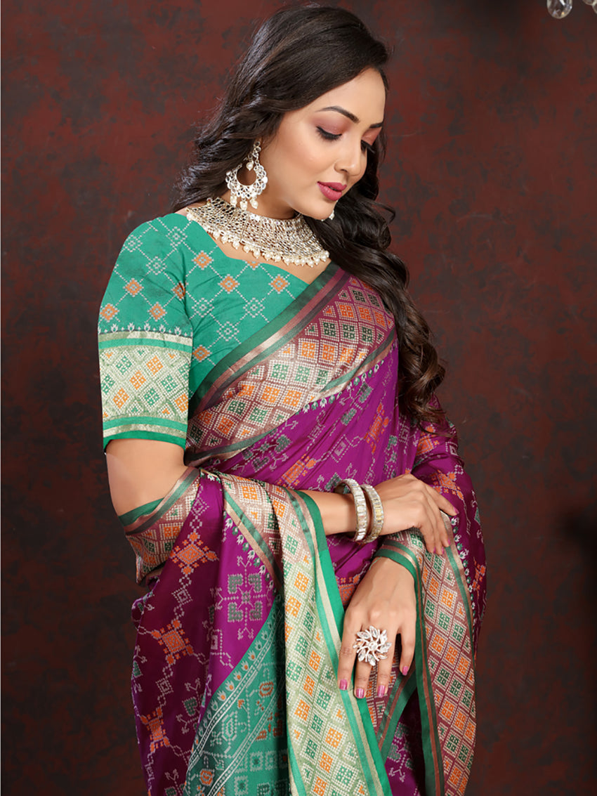 Lorenvalley Fashion Purple Patola Silk Woven Design with Zari Meenakari Weaving motifs Pallu Saree