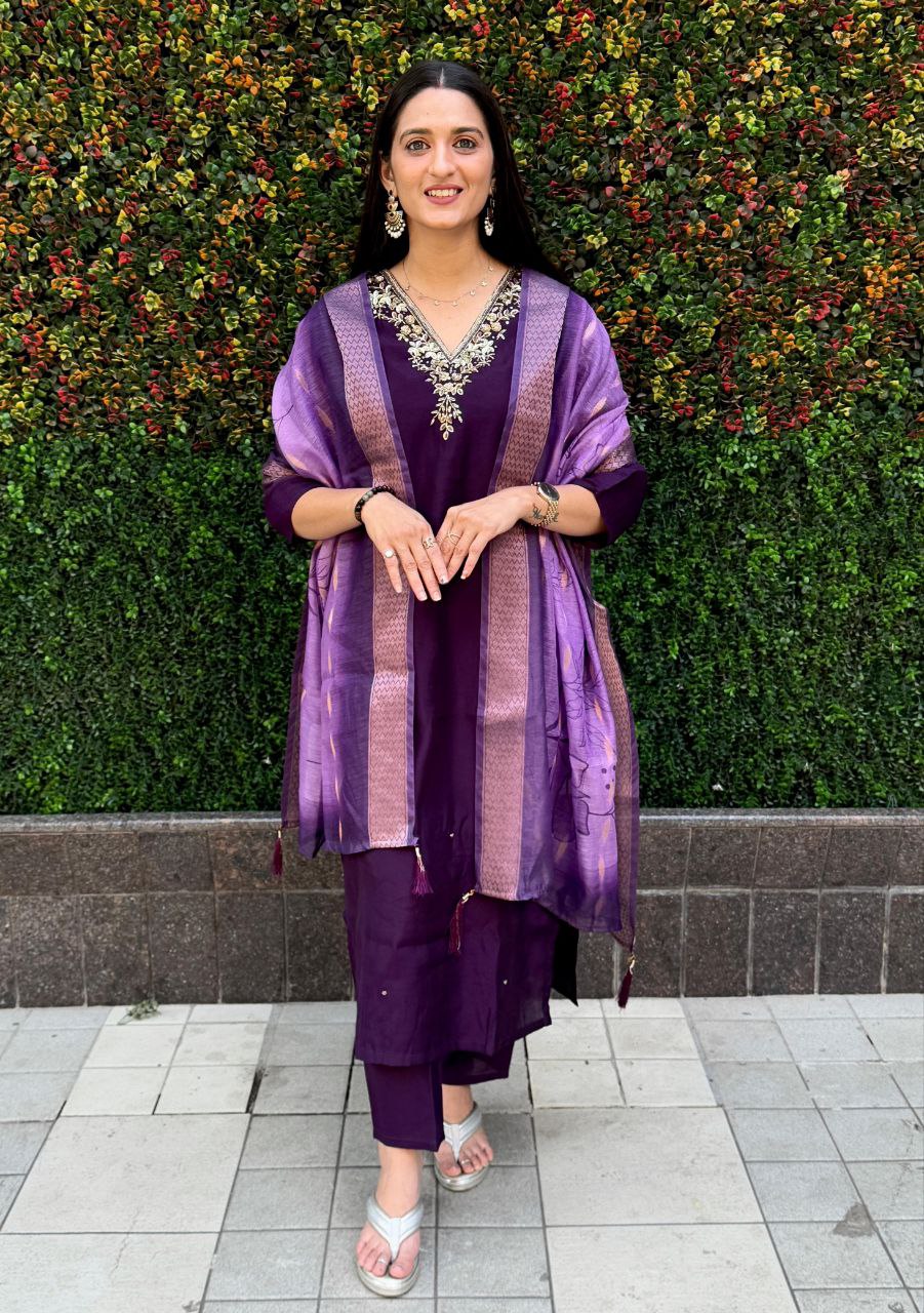 Lorenvalley Fashion Purple Roman Silk Hand Work Kurta Pant with Dupatta