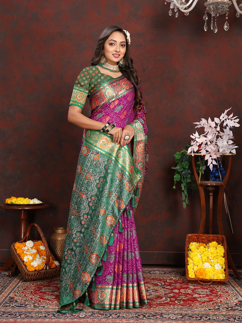 Lorenvalley Fashion Purple Patola Silk Woven Design with Zari Meenakari Weaving motifs Pallu Saree