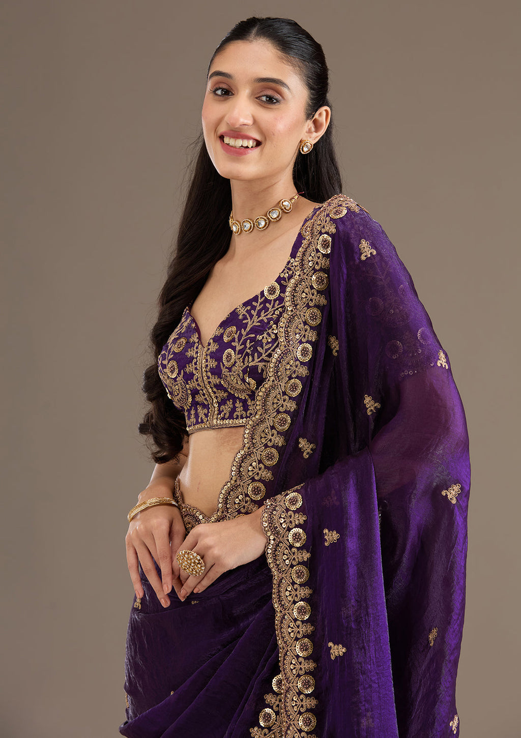 Lorenvalley Fashion Purple Fendi Satin with Embroidery Double Sequence Work Saree with Blouse