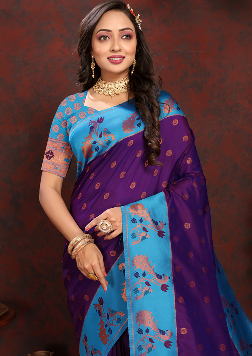 Lorenvalley Fashion Purple Soft Paithani Silk Woven Design Rich Zari Meenakari Weaving Saree