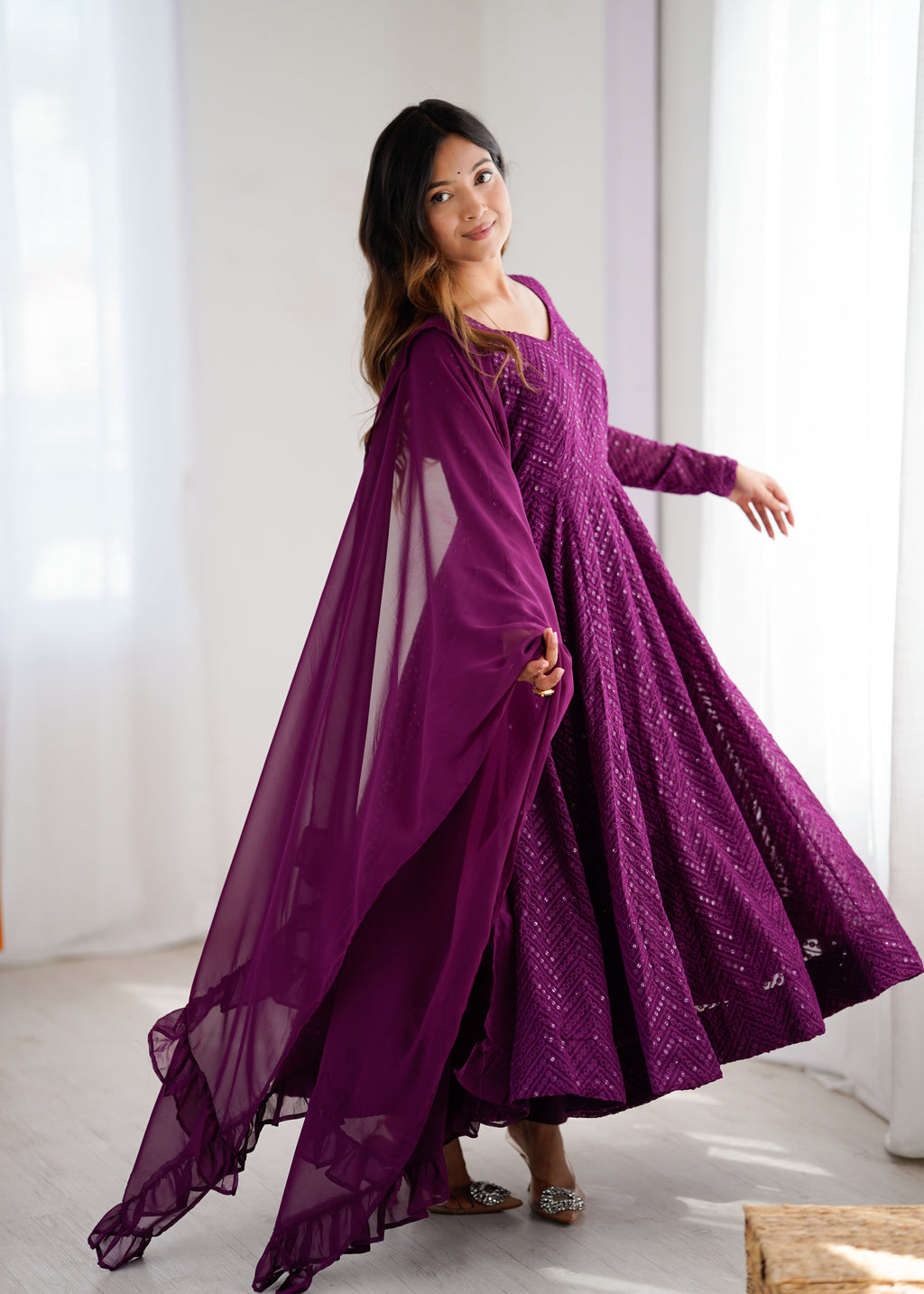 Lorenvalley Purple Faux Georgette Lukhnowi Sequence Work Anarkali Kurta Pant With Dupatta Set
