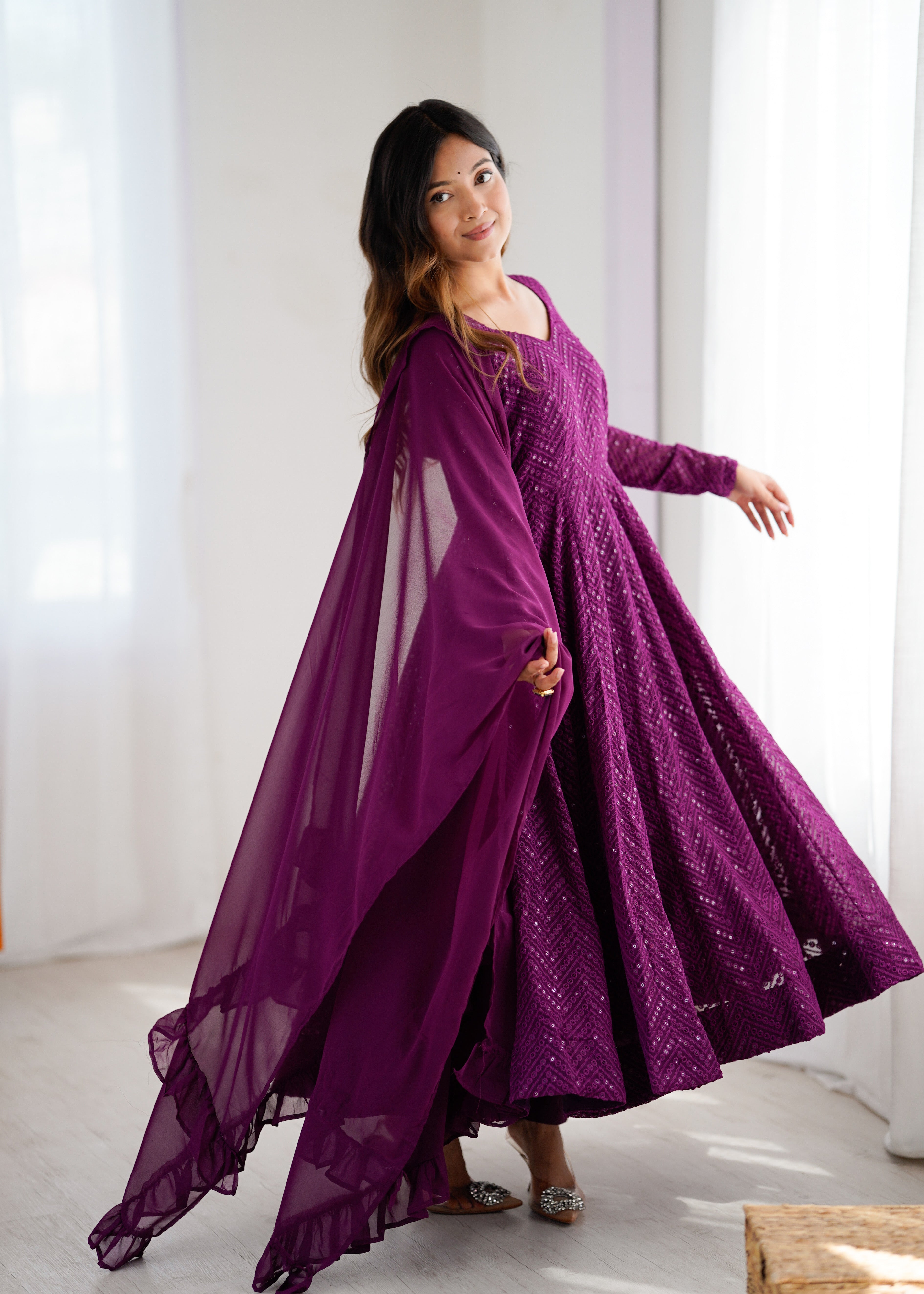 Lorenvalley Purple Faux Georgette Lukhnowi Sequence Work Anarkali Kurta Pant With Dupatta Set