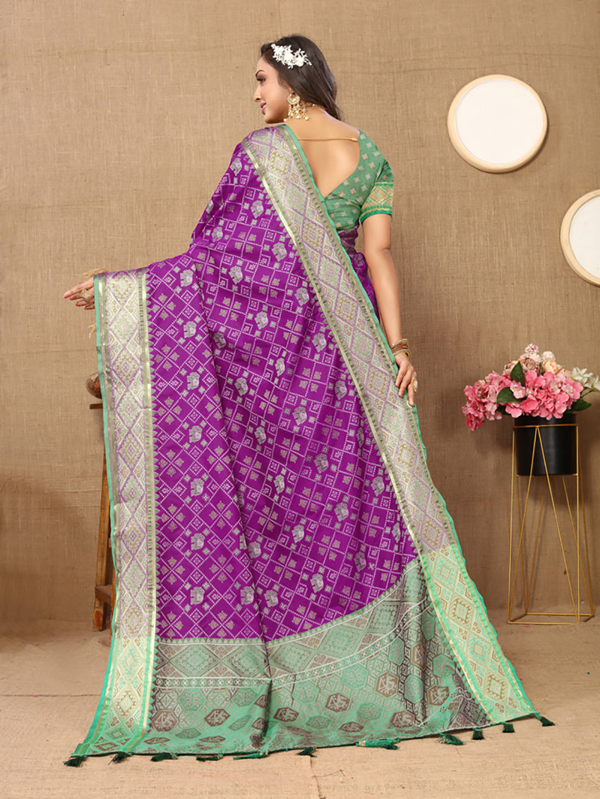 Lorenvalley Fashion Purple Patola Silk Woven Design with Zari Meenakari Weaving motifs Pallu Saree