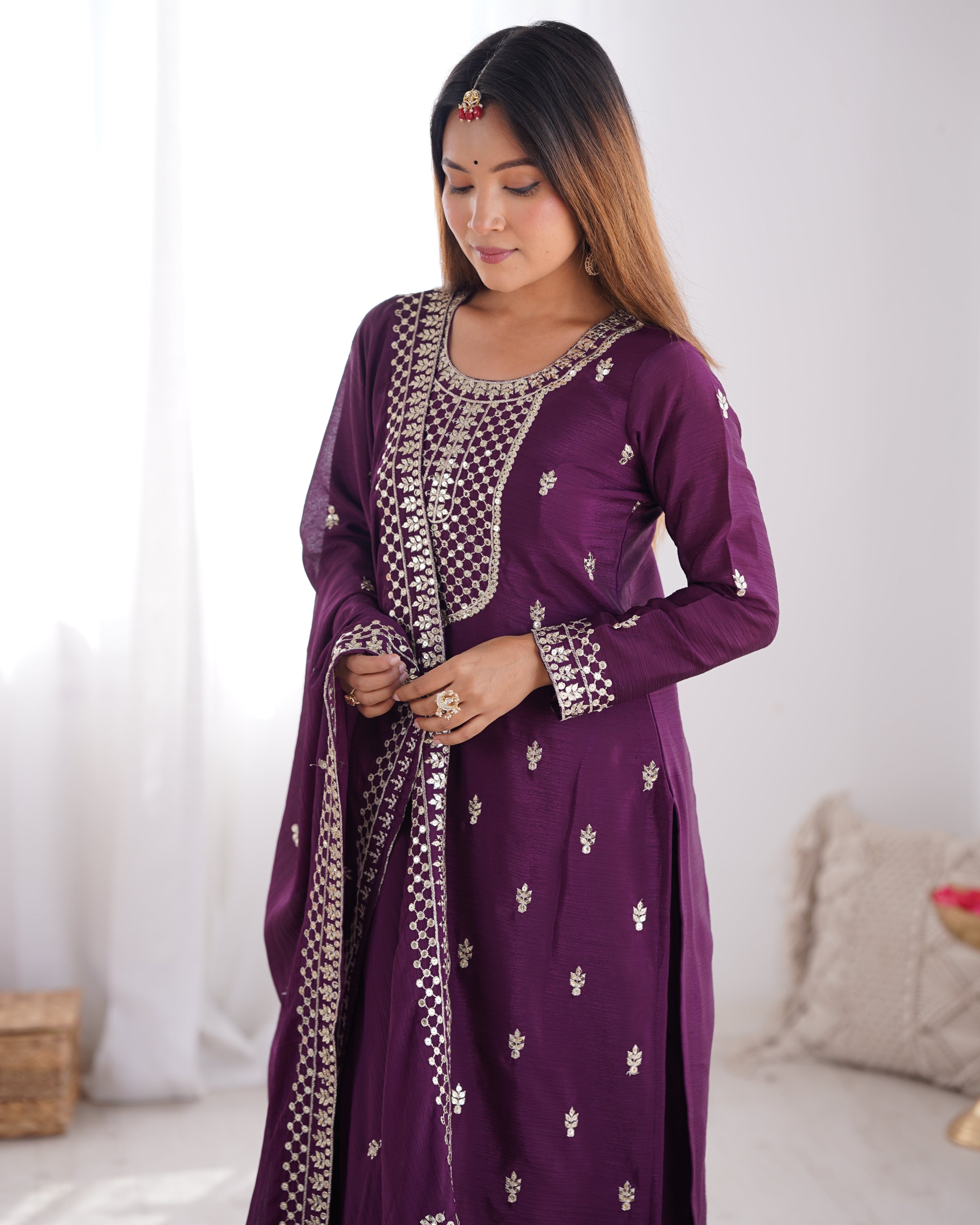 Lorenvalley Purple Chinon Silk Embroidery Sequence and Jari Work Kurta Trousers with Dupatta Set