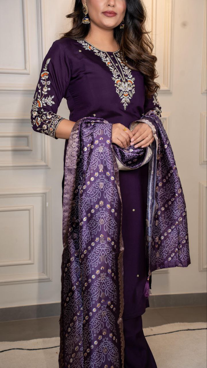 Lorenvalley Fashion Purple Roman Silk Embroidery Multi Work Kurta Pant with Dupatta
