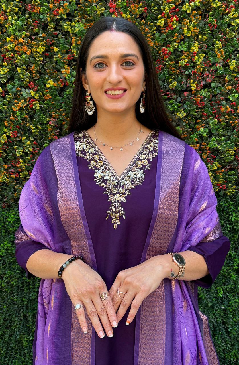 Lorenvalley Fashion Purple Roman Silk Hand Work Kurta Pant with Dupatta