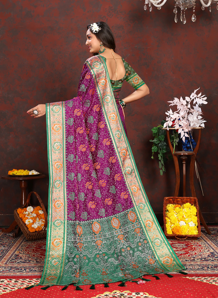 Lorenvalley Fashion Purple Patola Silk Woven Design with Zari Meenakari Weaving motifs Pallu Saree