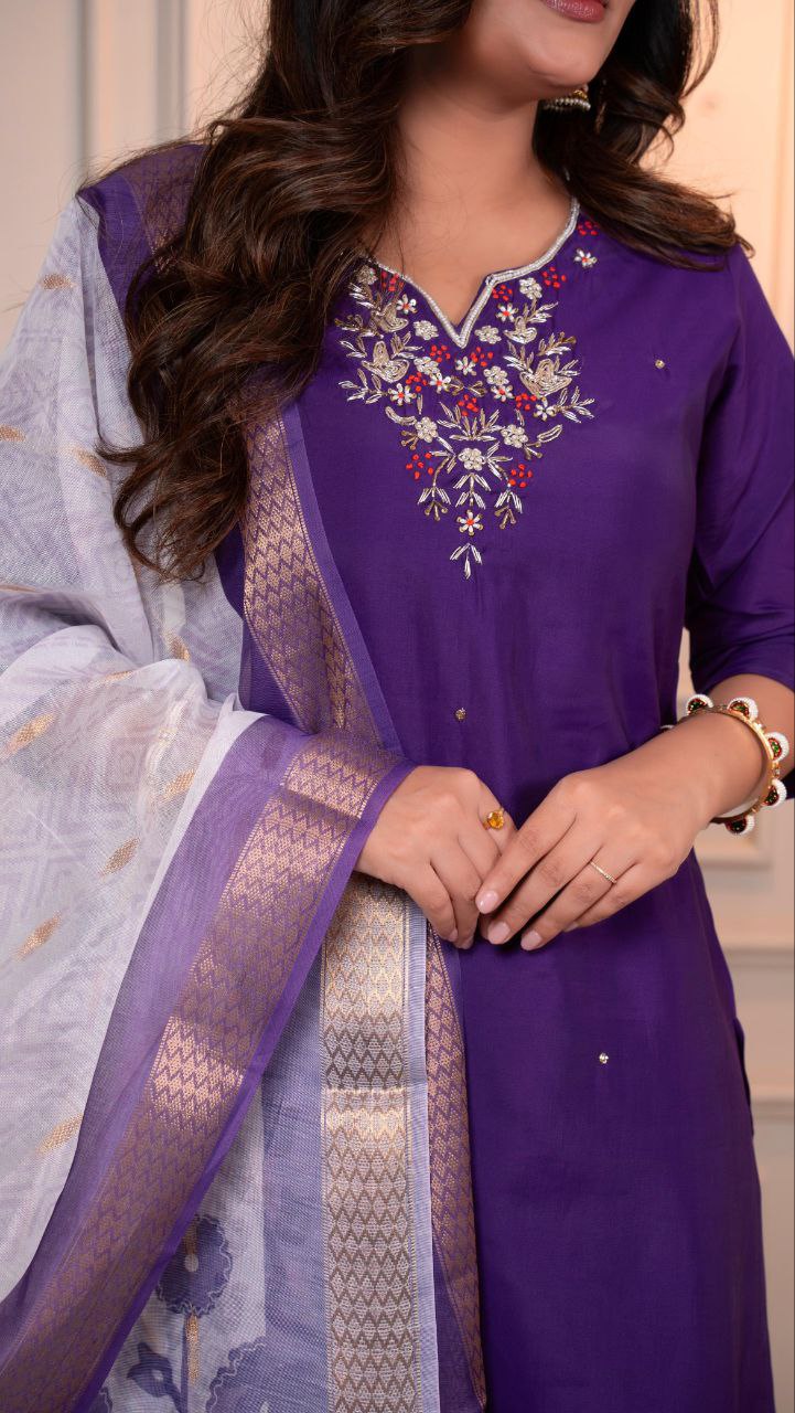 Lorenvalley Fashion Purple Roman Silk Hand Work Kurta Pant with Dupatta