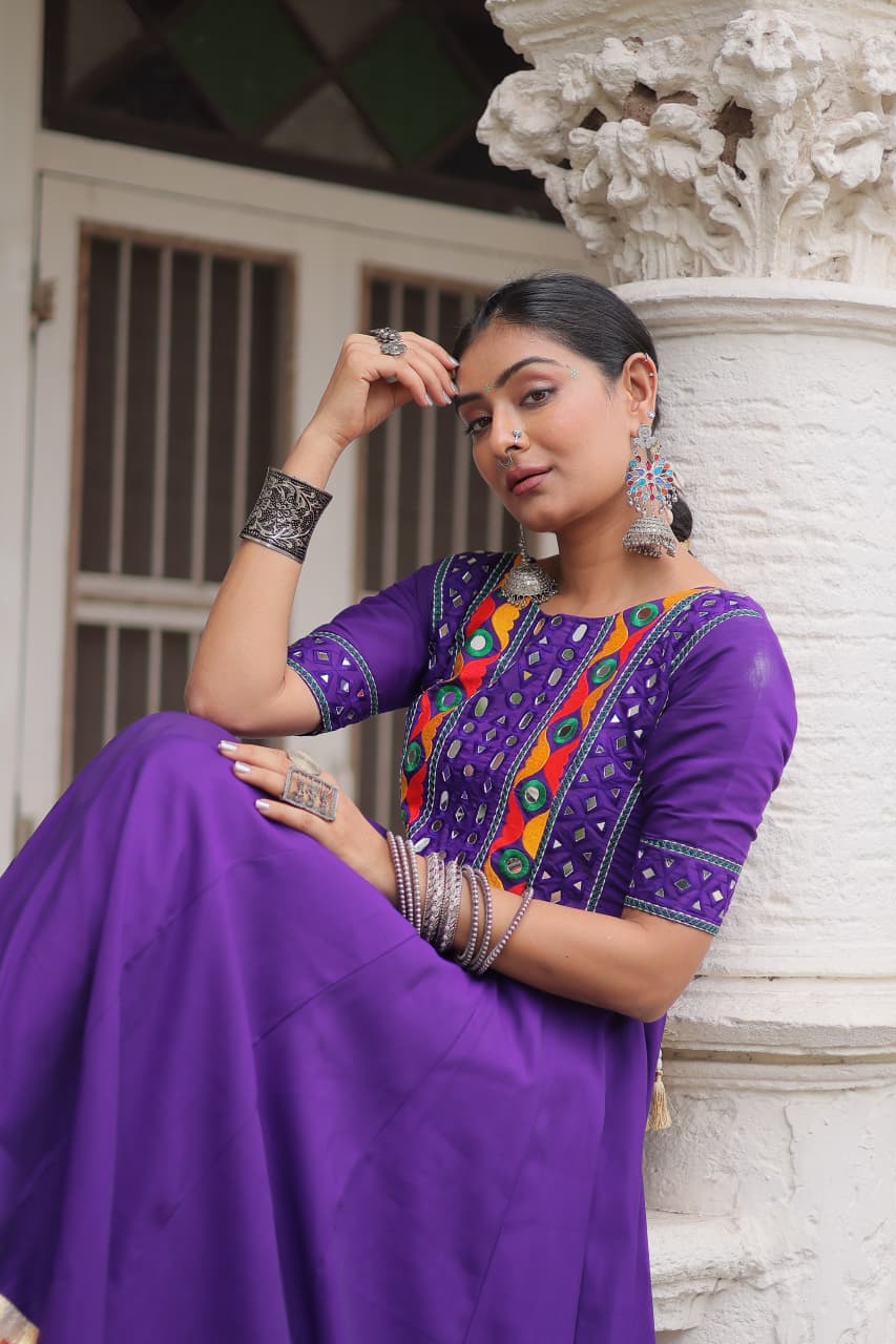 Lorenvalley Fashion Purple Roman Silk with Thread with mirror work & Maslin Crochet Print Work Gown