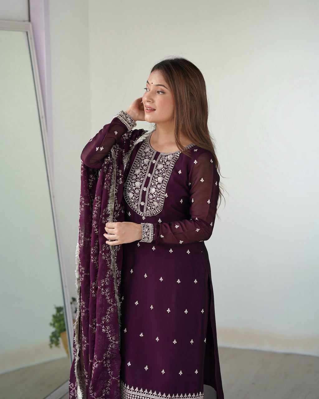 Lorenvalley Wine Rangoli Silk Embroidery Sequence And Thread Work Kurta Trousers with Dupatta Set