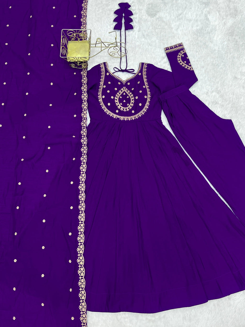 Lorenvalley Fashion Purple Roman Chanderi Silk Handwork Beads Work Anarkali Pant with Dupatta