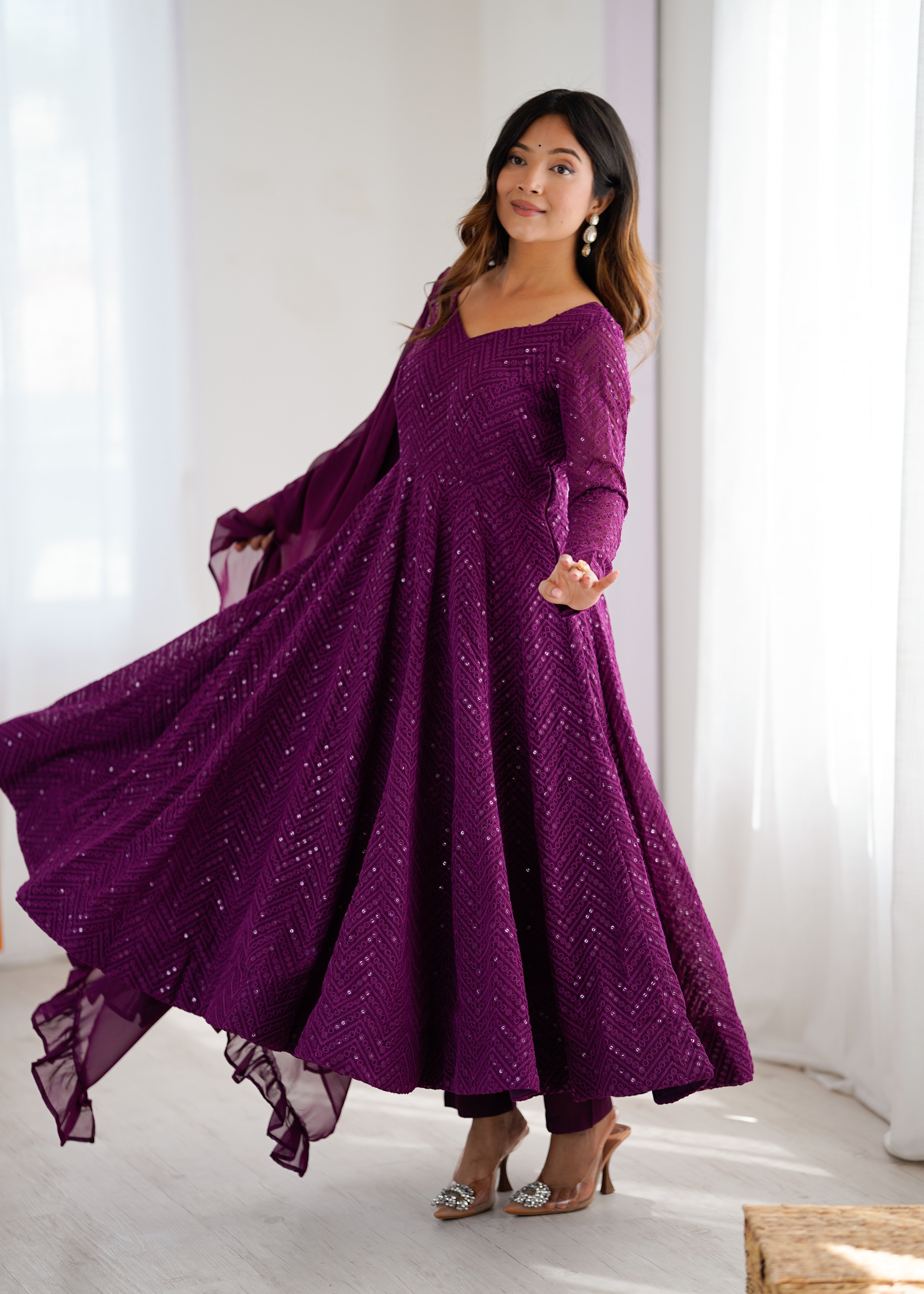 Lorenvalley Purple Faux Georgette Lukhnowi Sequence Work Anarkali Kurta Pant With Dupatta Set