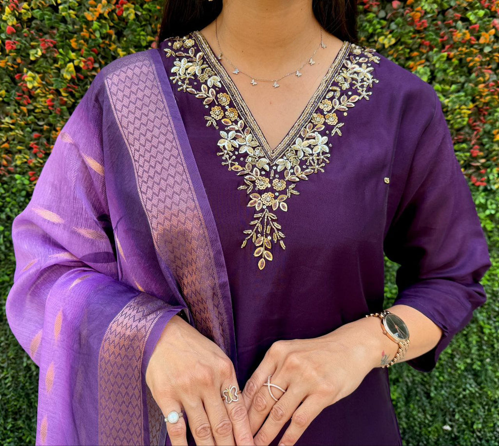 Lorenvalley Fashion Purple Roman Silk Hand Work Kurta Pant with Dupatta