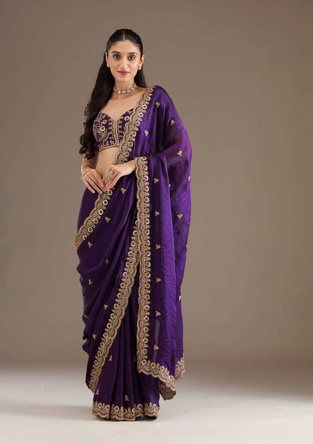 Lorenvalley Fashion Purple Fendi Satin with Embroidery Double Sequence Work Saree with Blouse