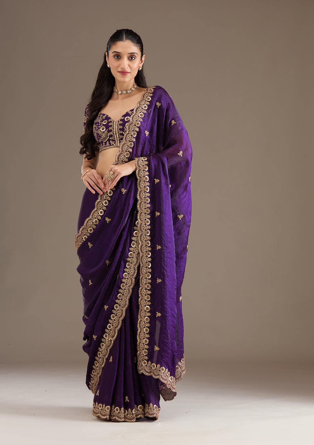 Lorenvalley Fashion Purple Fendi Satin with Embroidery Double Sequence Work Saree with Blouse