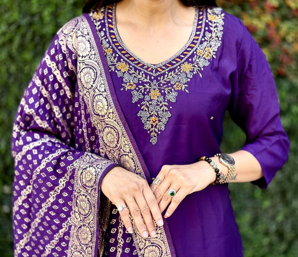 Lorenvalley Fashion Purple Roman Silk Hand Work Kurta Pant with Dupatta