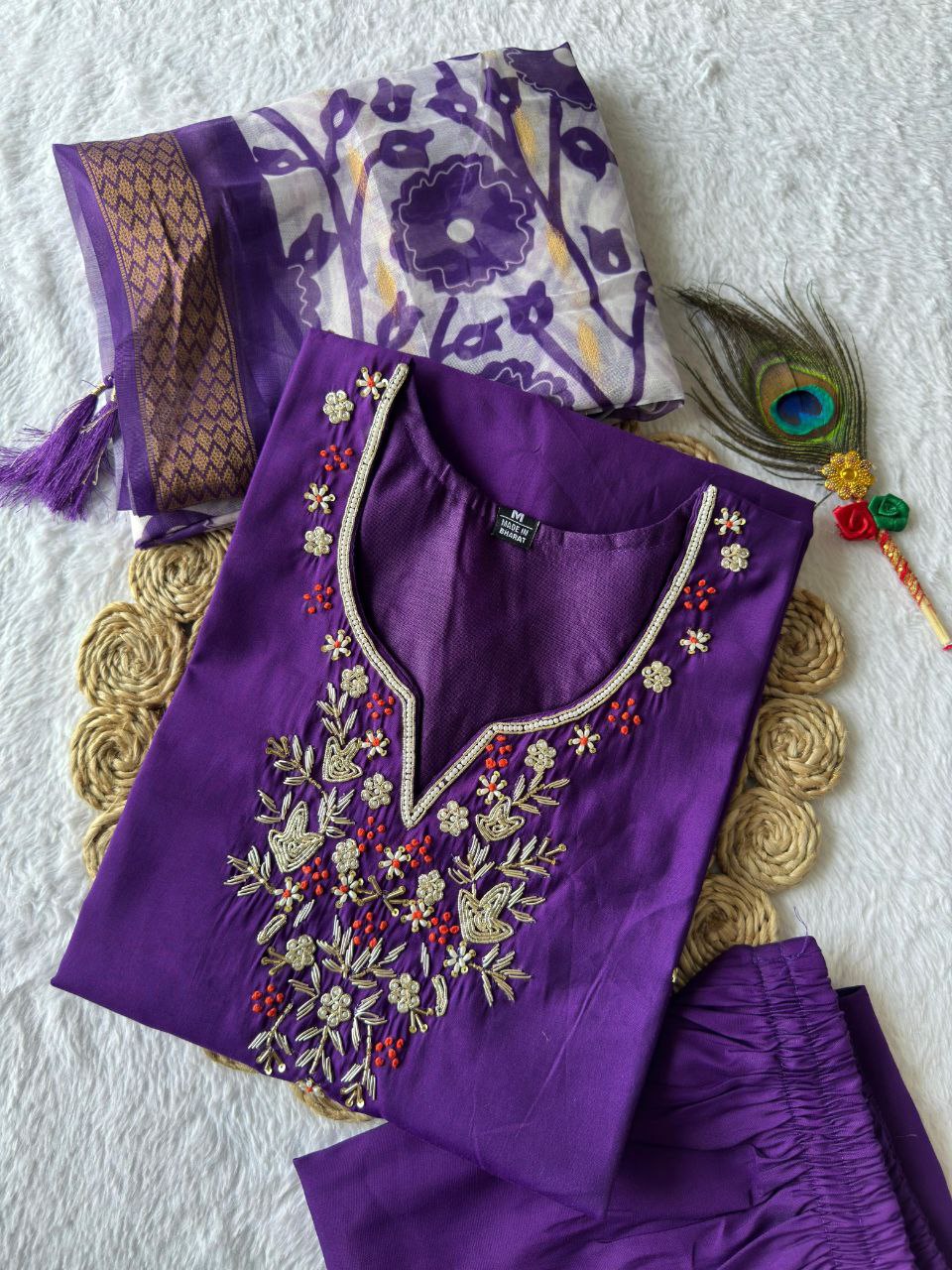 Lorenvalley Fashion Purple Roman Silk Hand Work Kurta Pant with Dupatta