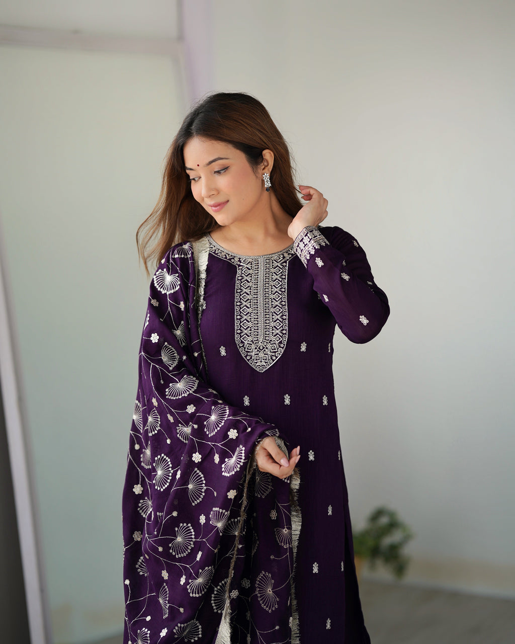 Lorenvalley Purple Rangoli Silk Embroidery Sequence and Jari Work Kurta Trousers with Dupatta Set