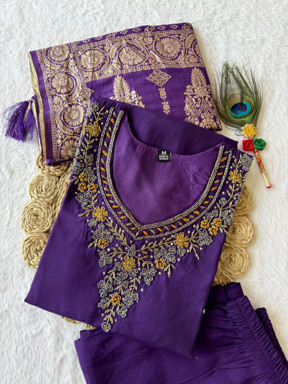 Lorenvalley Fashion Purple Roman Silk Hand Work Kurta Pant with Dupatta