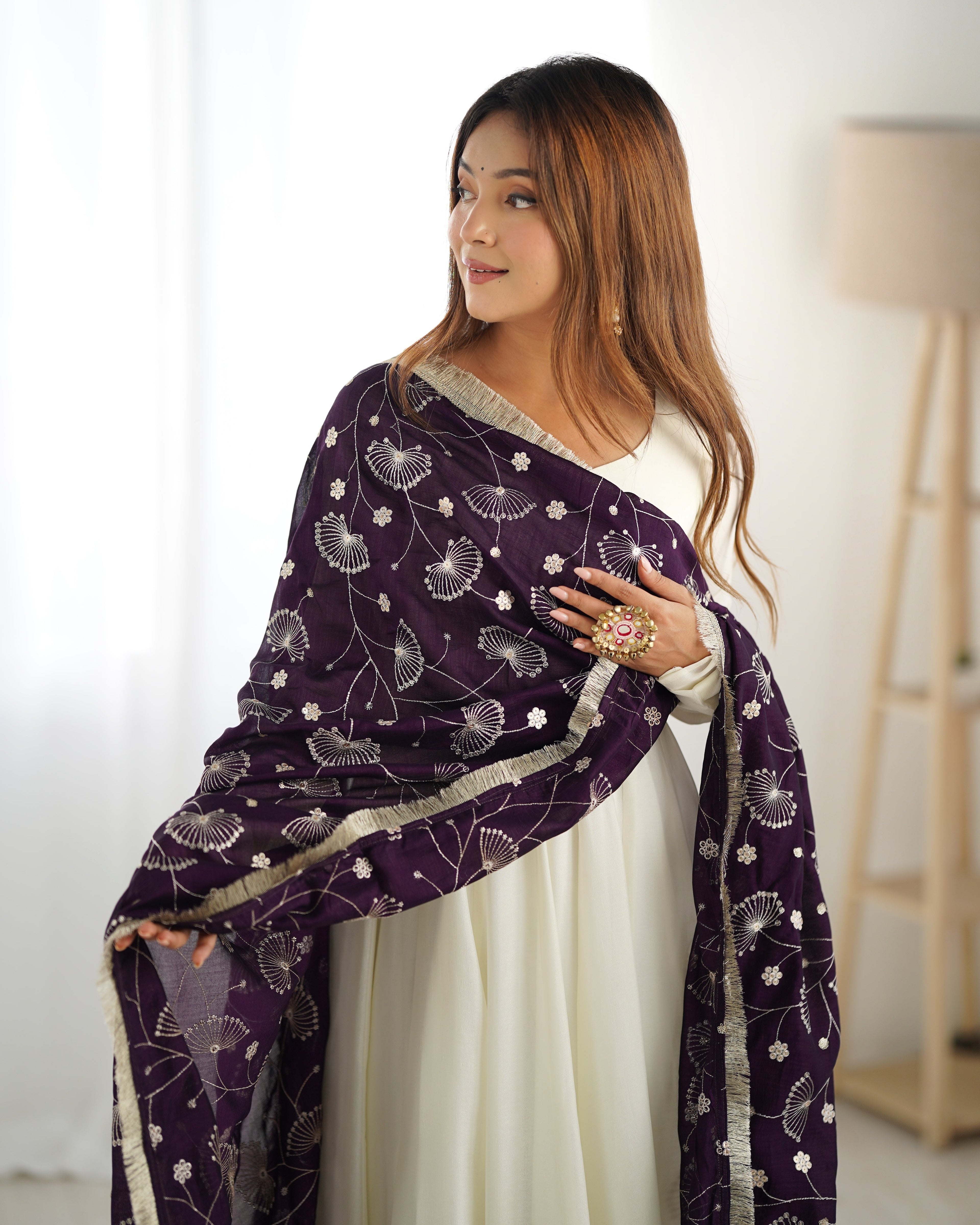 Lorenvalley White Vichitra Silk Fabric Fully Flared Anarkali Pant With Dupatta Set