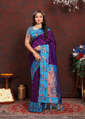 Lorenvalley Fashion Purple Soft Paithani Silk Woven Design Rich Zari Meenakari Weaving Saree