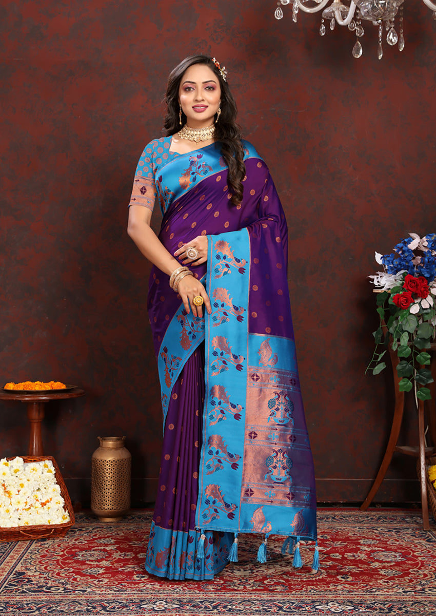 Lorenvalley Fashion Purple Soft Paithani Silk Woven Design Rich Zari Meenakari Weaving Saree