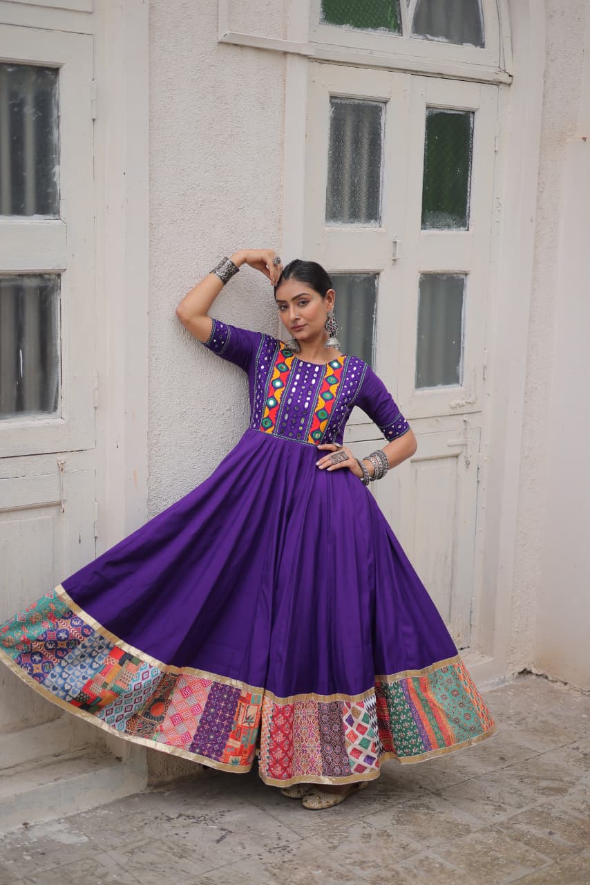 Lorenvalley Fashion Purple Roman Silk with Thread with mirror work & Maslin Crochet Print Work Gown