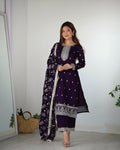Lorenvalley Purple Rangoli Silk Embroidery Sequence and Jari Work Kurta Trousers with Dupatta Set