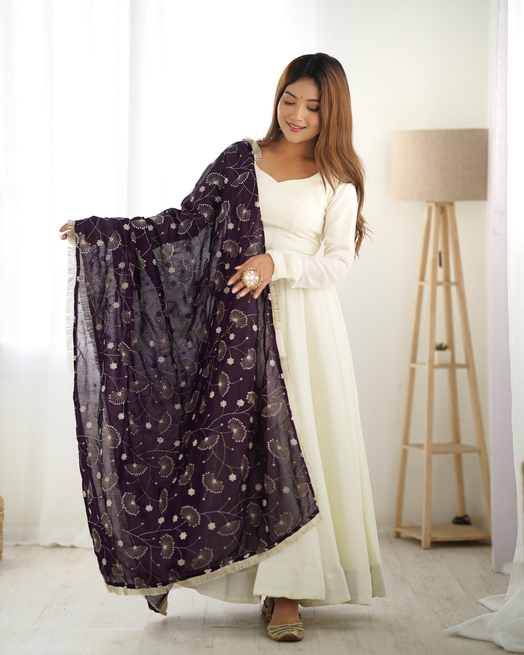Lorenvalley White Vichitra Silk Fabric Fully Flared Anarkali Pant With Dupatta Set