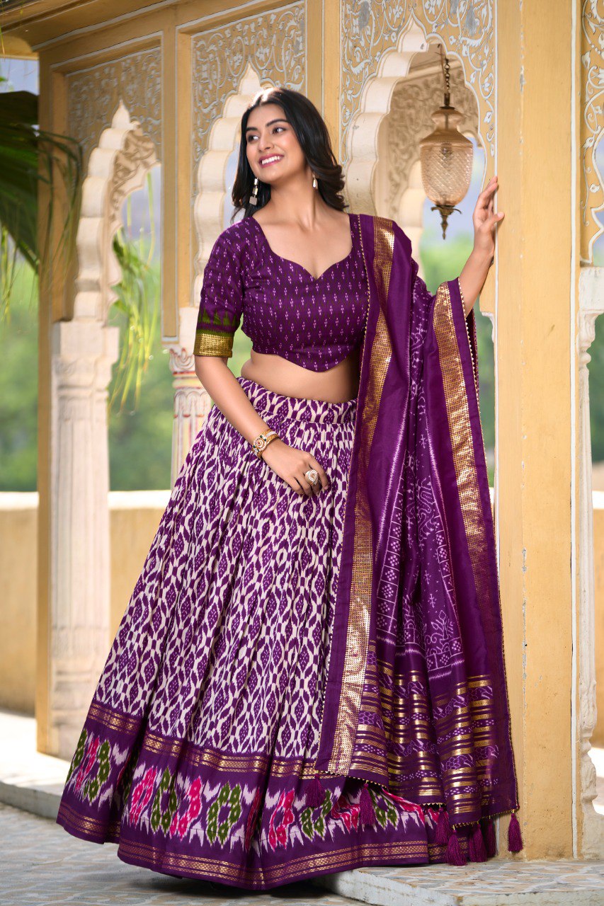 Lorenvalley Purple Tussar Silk Ikkat Print With Foil Work Lehenga Choli with Dupatta