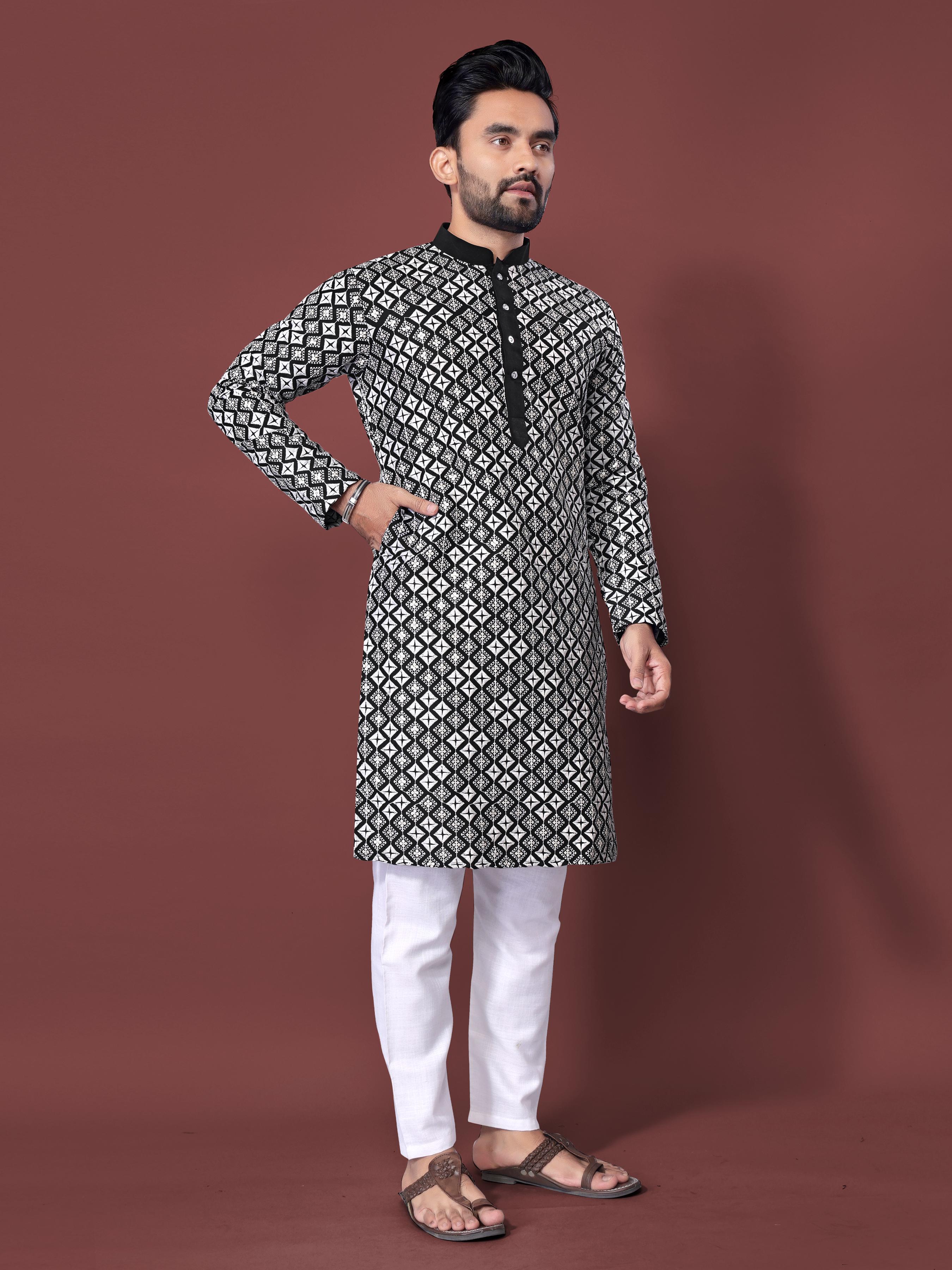 Neera Trendz Black Soft Silk Embroidered Men's Kurta Pyjama