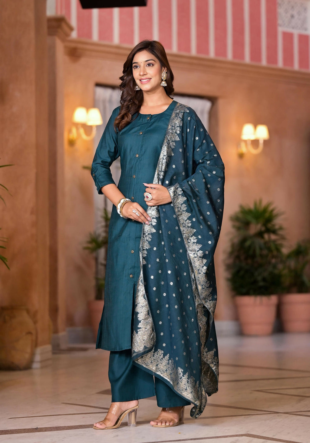 Juniper Women's Bottle Green Zari Embroidered Cotton Kurta Set With Button Closure