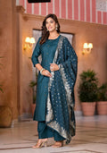 Juniper Women's Bottle Green Zari Embroidered Cotton Kurta Set With Button Closure