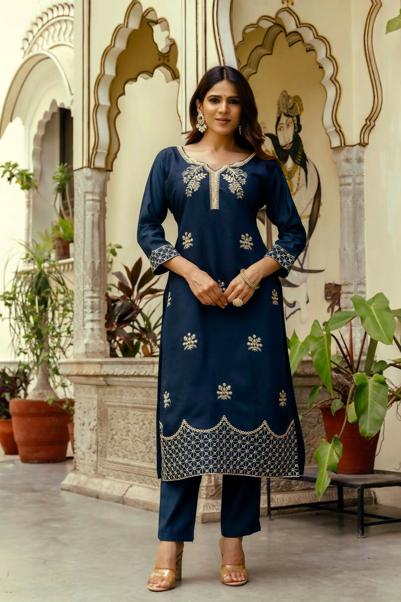 The52 Navy Blue Women's Beautiful Viscose Chanderi Fabric Thread Work Straight Kurta Pant and Dupatta Set