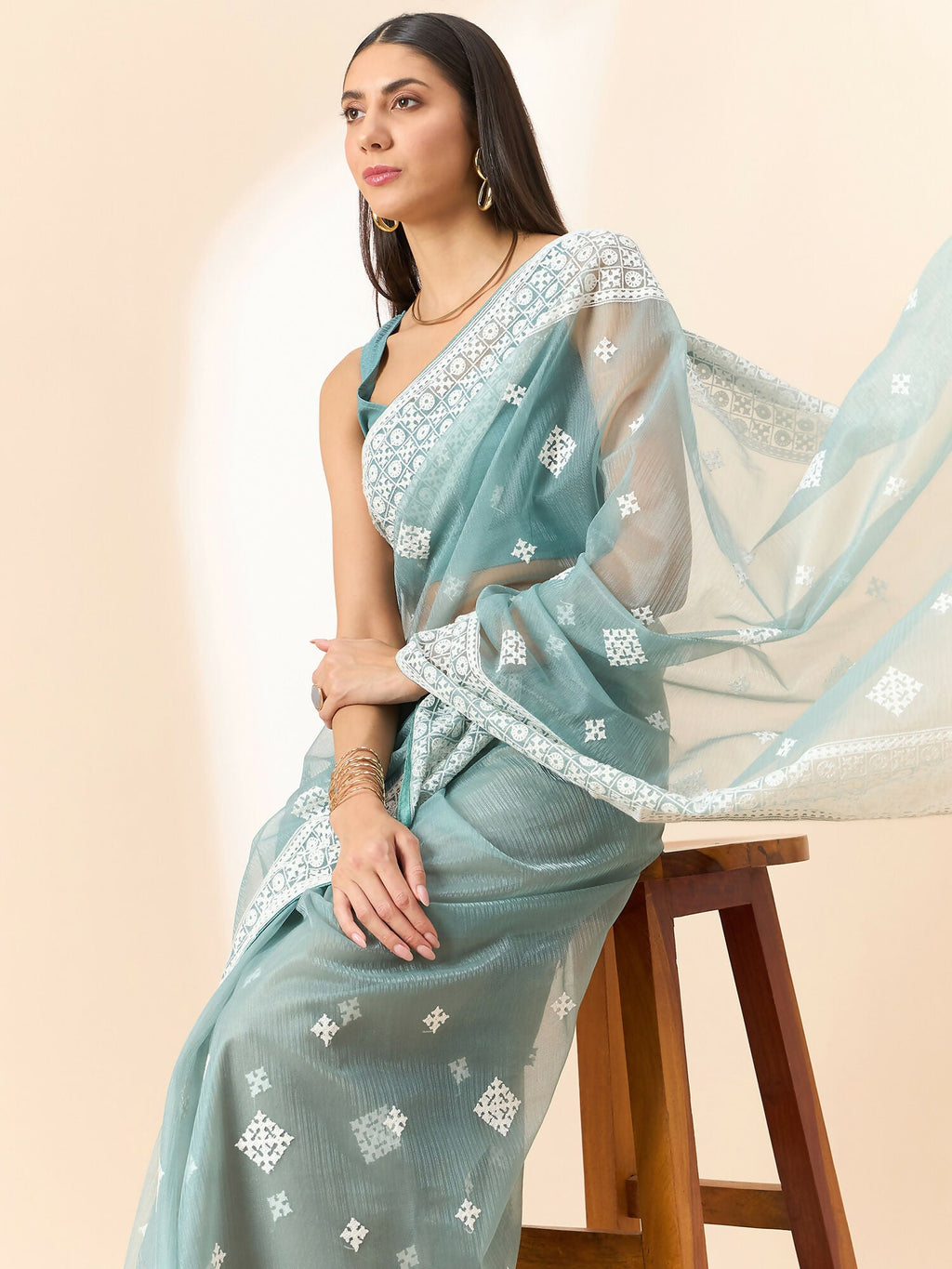 Blue Organza Geometric Embroidered Saree with Unstitched Blouse Piece - Roozal