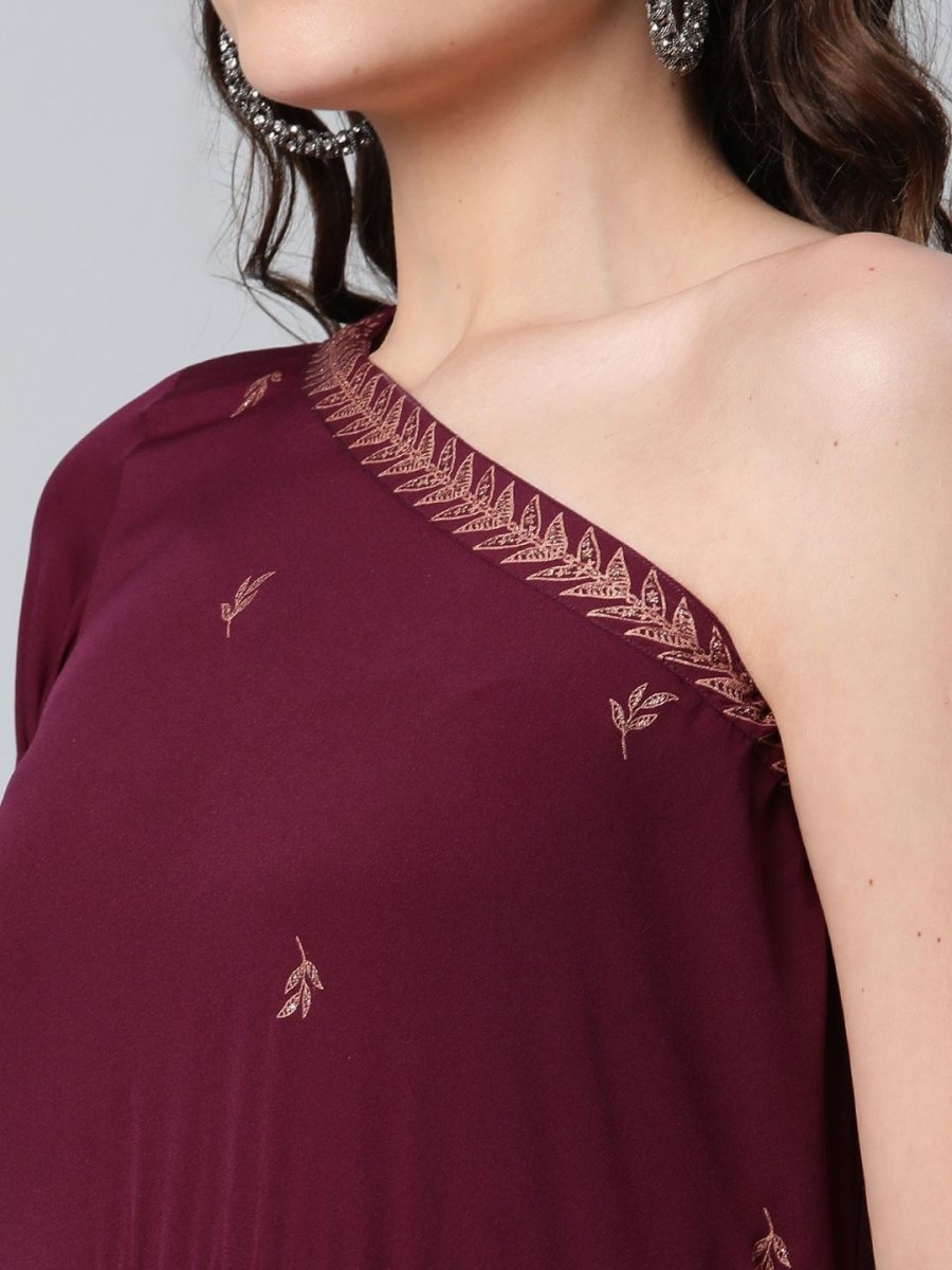 Ahalyaa Women Burgundy & Gold-Toned Ethnic Motifs One Shoulder Ethnic Maxi Dress